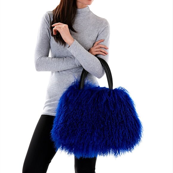 New Blue Mongolian Lamb Fur Hand Bag - Picture 3 of 11